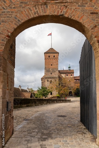 view of the Imperial Castle of Nuremberg main gate in the historic old city center