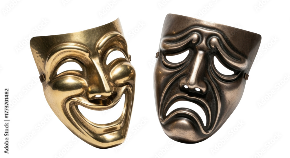 Naklejka premium Comedy and Tragedy Theatrical Masks Gold and Bronze Isolated PNG Cutout Transparent