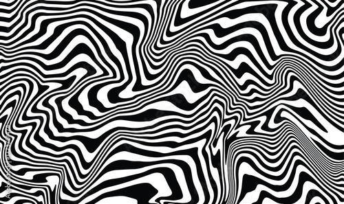 Abstract black and white wavy line pattern creating fluid optical illusion texture design.