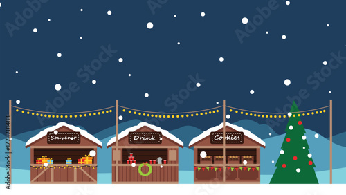 A charming Christmas market scene at night with snow falling, featuring wooden stalls, sparkling lights, a decorated tree, and winter landscape. Perfect for holiday graphics