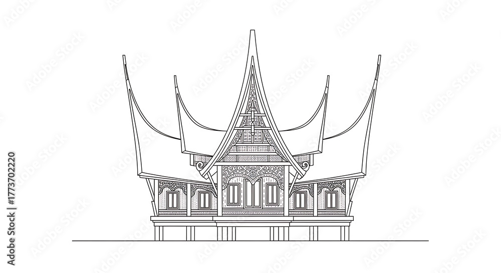Obraz premium Outlined Traditional Building with Elaborate Roof Design