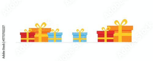 Colorful flat vector illustration of a collection of stacked gift boxes and presents wrapped in red, orange, and blue with gold ribbons and bows