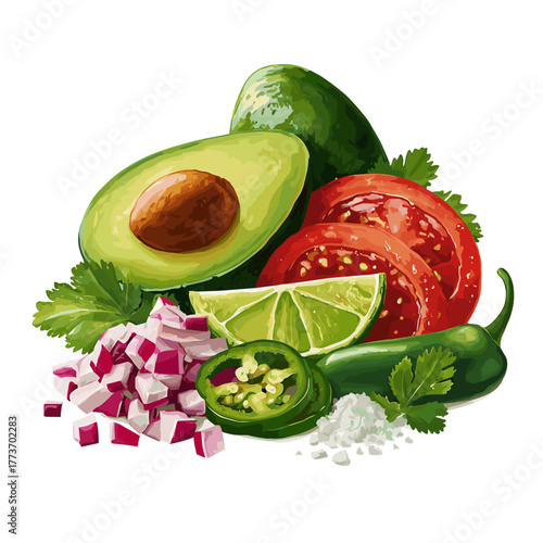 Vector illustration of a top-down view of guacamole ingredients mise en place