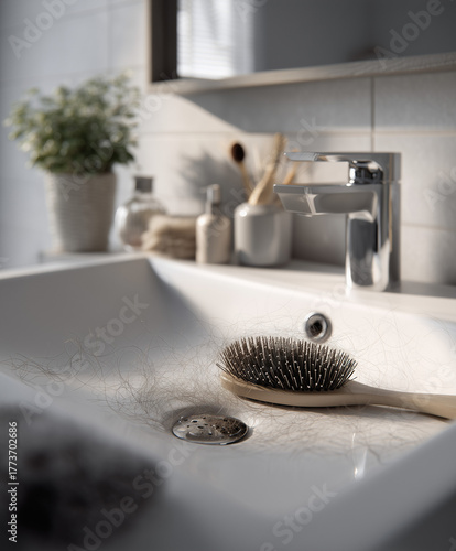 A modern bathroom sink with a wooden hairbrush resting on the edge. The sink has hair strands and a silver faucet. A plant and toiletries are visible in the background.