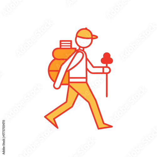 Stylized icon of a hiker with backpack and trekking pole on black background