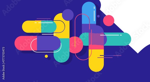 Vibrant abstract composition of colorful rounded rectangles, circles, and lines on a blue background.