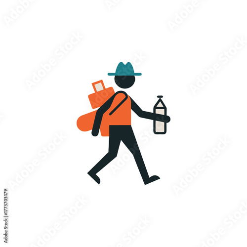 Stylized hiker with backpack and water bottle walking