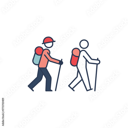 Two hikers with backpacks and poles trekking together on a black background