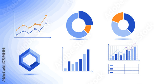 Assortment of data charts, bar graphs, and pie diagrams illustrating statistical information.