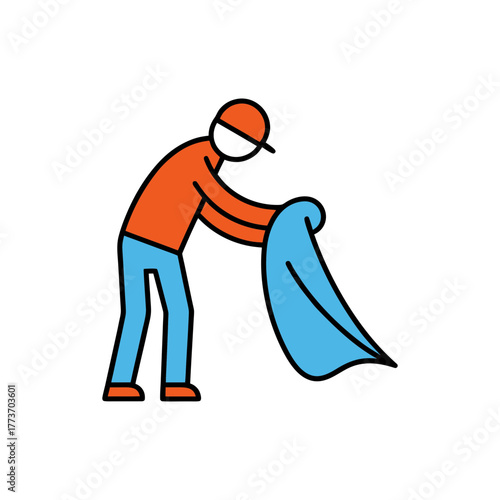 Person in orange shirt and blue pants cleaning with a blue cloth
