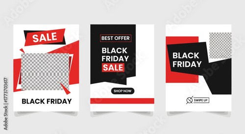 Three Black Friday sale social media story templates with bold red, black, and white designs.