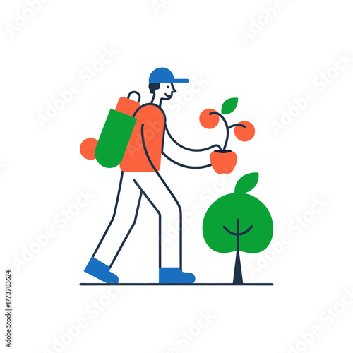 Gardener planting a sapling with a backpack and apple tree in flat design style