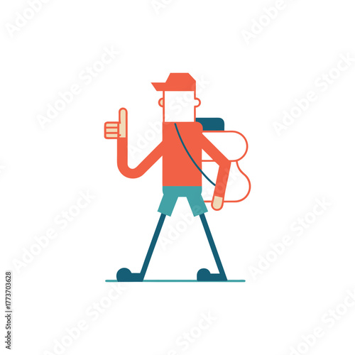 Cartoon backpacker giving a thumbs up gesture with a confident stride