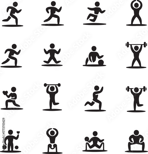 Stylized figures exercising various movements exercise
