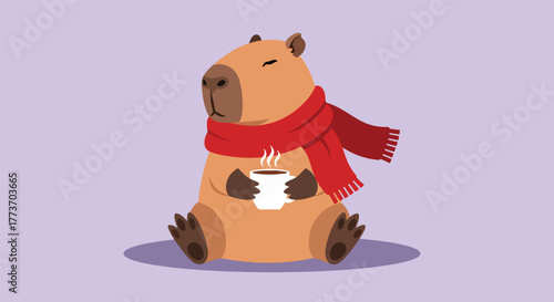 Adorable Capybara Wearing a Red Scarf Holding a Steaming Cup of Coffee.