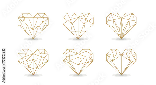 Six golden geometric heart outlines with subtle shadows arranged on a white background.