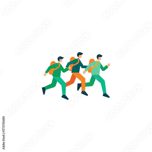 Three diverse backpackers running together in a team with determination and speed