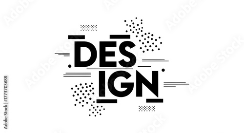 Bold black letters spelling DESIGN are surrounded by scattered geometric shapes and abstract lines on white.