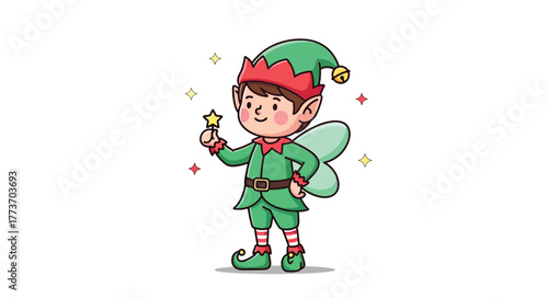 Adorable cartoon elf with fairy wings holding a magic wand.