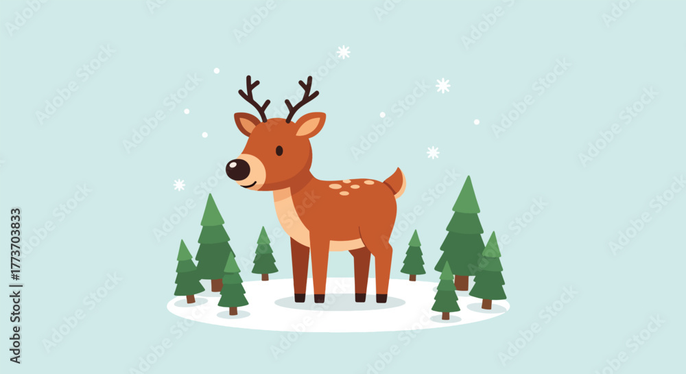 Fototapeta premium Adorable cartoon reindeer standing in a snowy forest with pine trees.