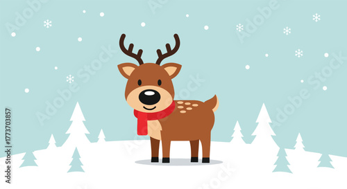Adorable cartoon reindeer with red scarf in snowy winter landscape.