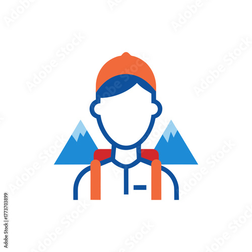 Stylized icon of a hiker with mountains and backpack on black background