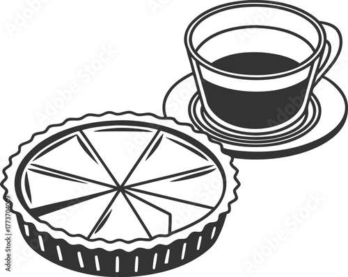 Simple line drawing of a slice of tart and a cup of coffee isolated on transparent background