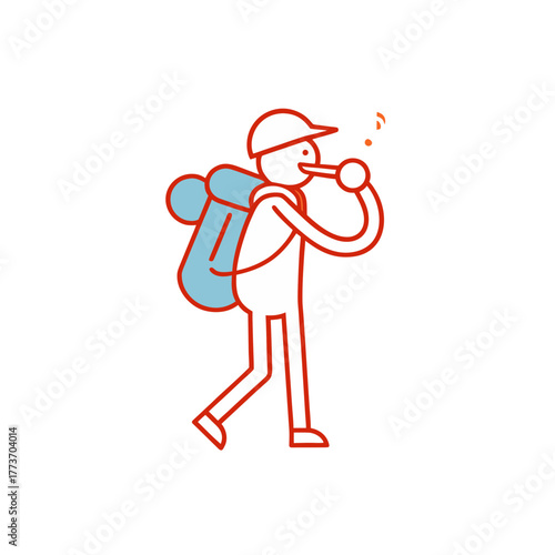 Joyful hiker with backpack whistles a tune while walking outdoors