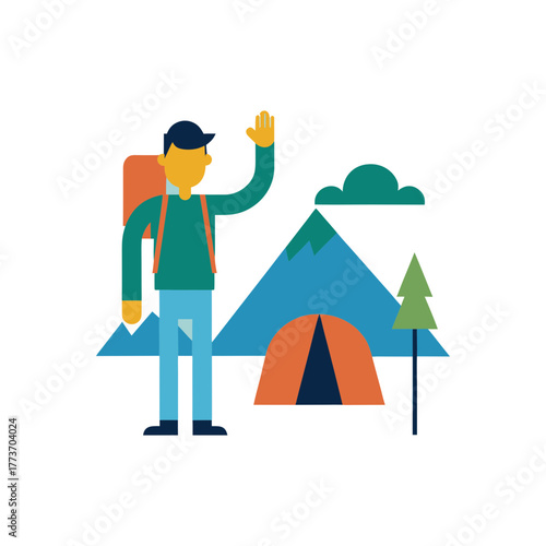 Adventurous hiker waves hello beside tent and mountains