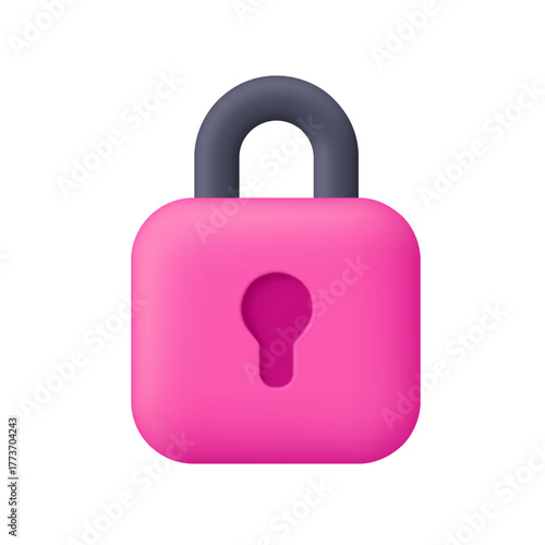 Pink padlock with black curved shackle and keyhole. Security, safety, encryption, protection and privacy concept. 3d vector icon. Cartoon minimal style.