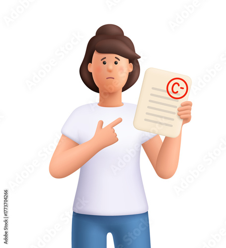 Sad student Jane holding test exam results with low grade C-. Education, study, academic failure, bad grade and frustration in learning concept. 3d vector people character. Cartoon minimal style.