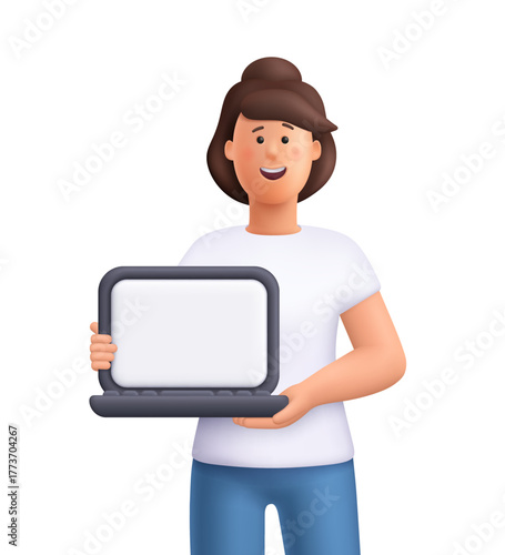 Young smiling woman Jane holding laptop with blank screen. Online education, digital presentation, webinar, remote work and freelance concept. 3d vector people character. Cartoon minimal style.