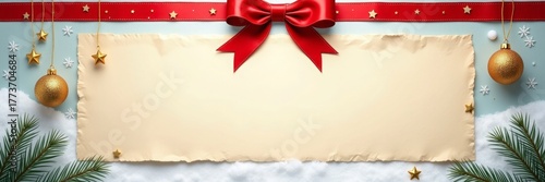 Festive holiday parchment background with red ribbon