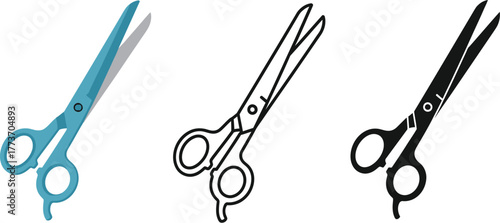 Three scissor illustrations in blue outline and solid black icons