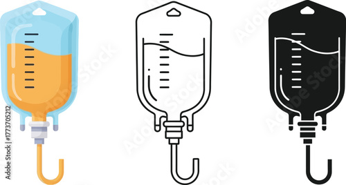 Three iv bags in different styles with orange liquid on white background