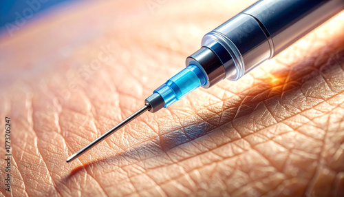 Medical Injection: Close-up of a syringe injecting a substance into skin, highlighting medical precision and healthcare.