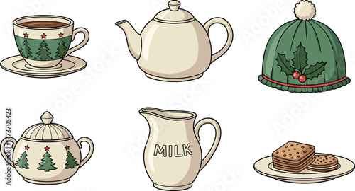 Cozy Christmas tea time and winter hat illustration