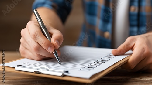 Person Filling Out Checklist on Clipboard with Pen in Natural Environment for Task Management and Organization