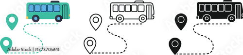 Three variations of a bus route with location markers on a white background