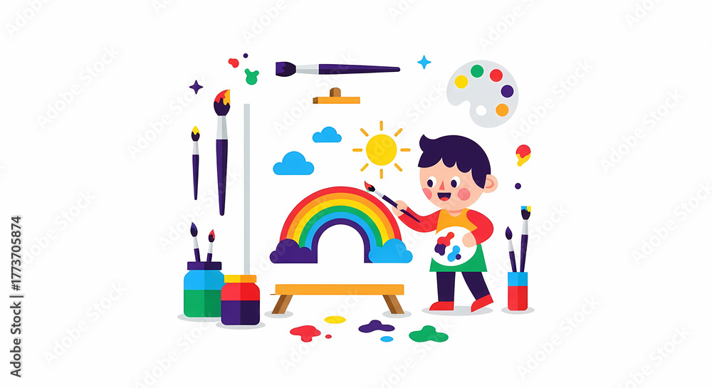 Fototapeta premium Young artist painting a vibrant rainbow with colorful paints and brushes.
