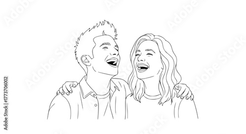 Vector of two friends laughing together, minimal line art style, clean background