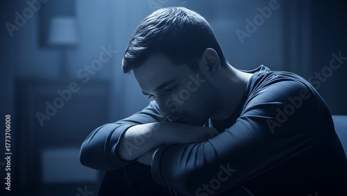 A shadowed figure of a man in deep thought, possibly dealing with emotional distress