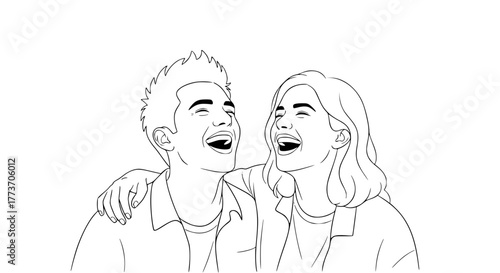 Vector of two friends laughing together, minimal line art style, clean background