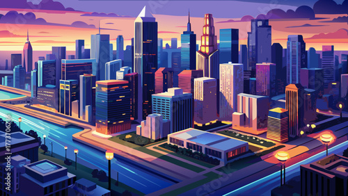 Very beautiful aerial view of downtown Chicago, Illinois, USA, at dusk, showcasing illuminated skyscrapers, Lake Michigan shoreline, and the vibrant city lights reflecting the urban evening atmosphere