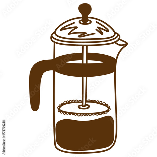 French Press Coffee Maker Line Illustration For Cafe And Barista Design
