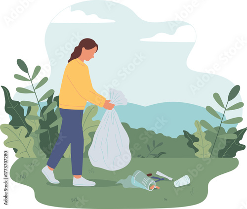 Young Woman Cleaning Up Garbage and Litter in a Park, Promoting Environmental Protection, Nature Conservation, Volunteering, Waste Collection, and Eco-Friendly Lifestyle, Flat Vector Illustration.