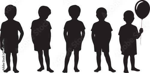 Silhouettes of five children standing in a row holding a red balloon