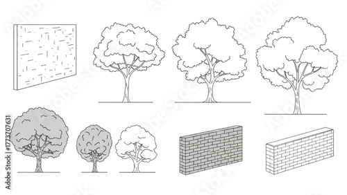 Architectural Elements and Trees Line Drawings Depicting Landscape Components
