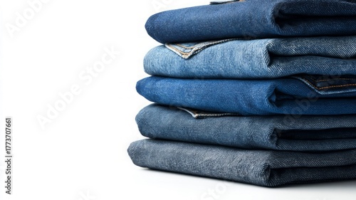 Neatly folded denim jeans, varying shades of blue and gray, stacked on white background. Casual fashion, texture, and toning emphasized. Neural network AI generated