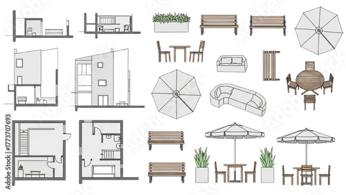 Vector illustration set for architectural projects with building plans and outdoor furnishings